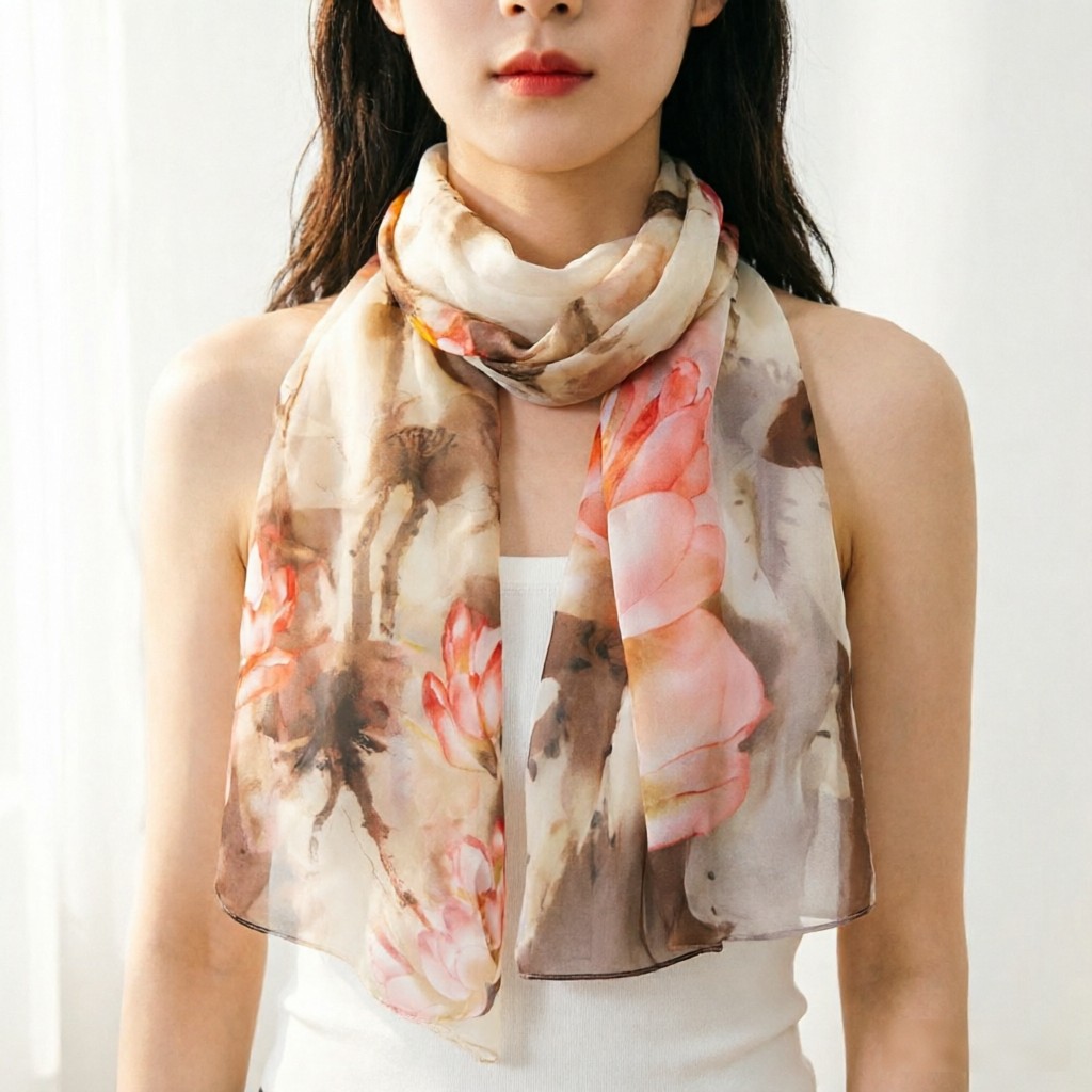 여성용 수채화 연꽃 시폰 스카프, 우아한 꽃무늬 롱 숄 - Face Scarf Mask 리뷰 및 가격